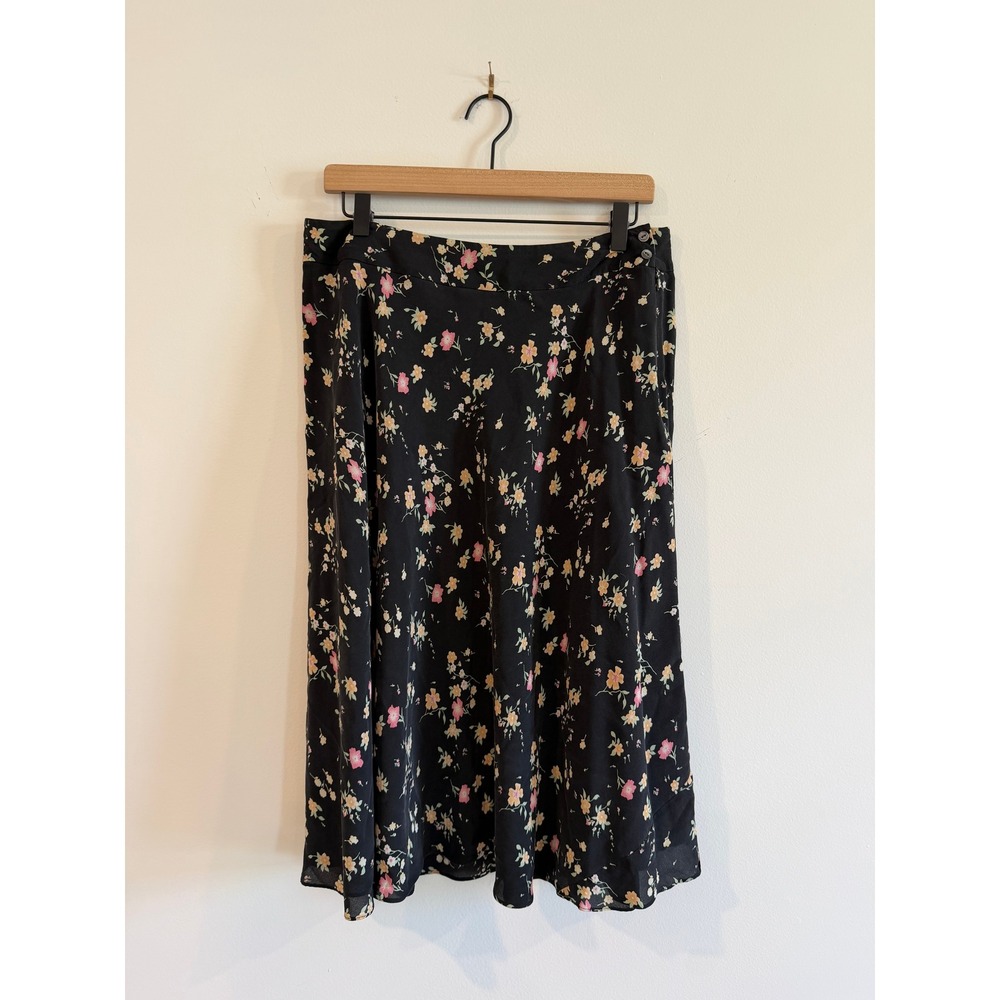 Jones New York 100% Silk Floral Midi Skirt Black Pink Yellow Size 12